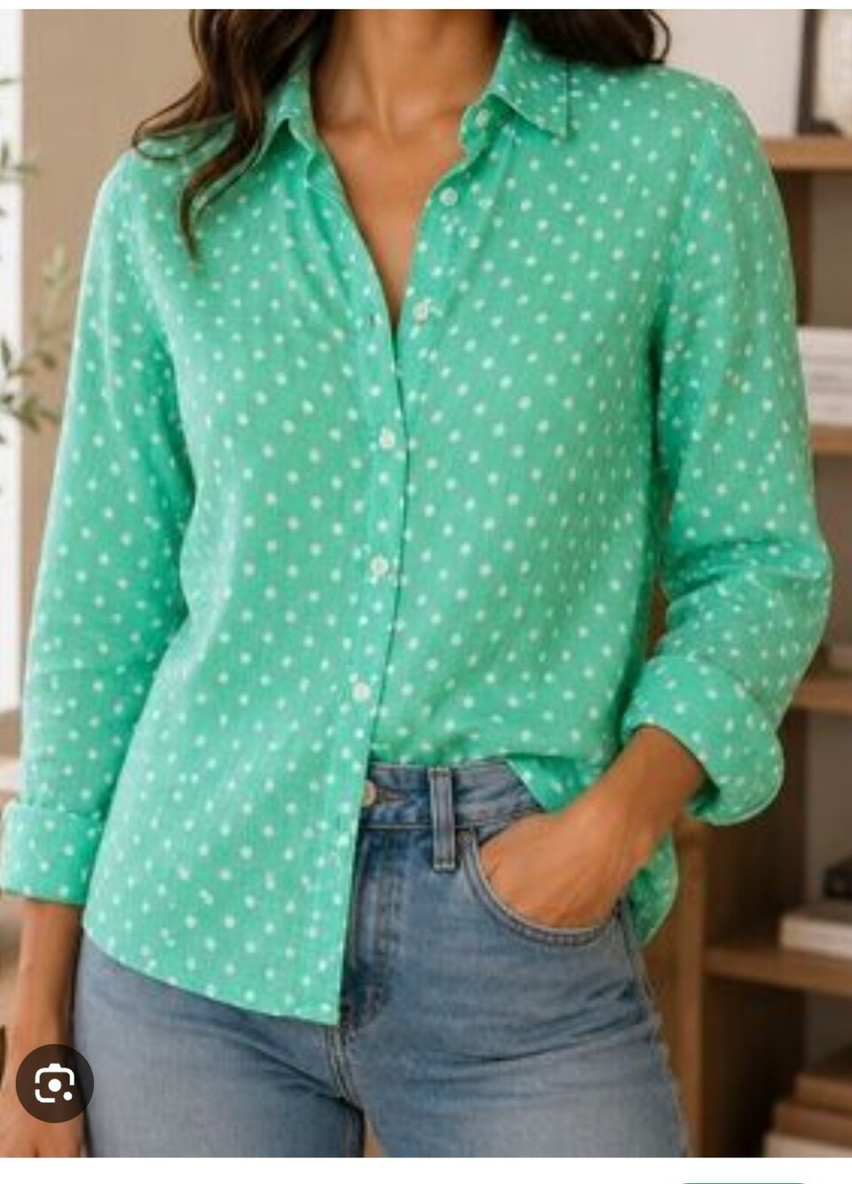 J. Crew 100% Linen Mint Green Polka Dot Button-Down Shirt Size Large